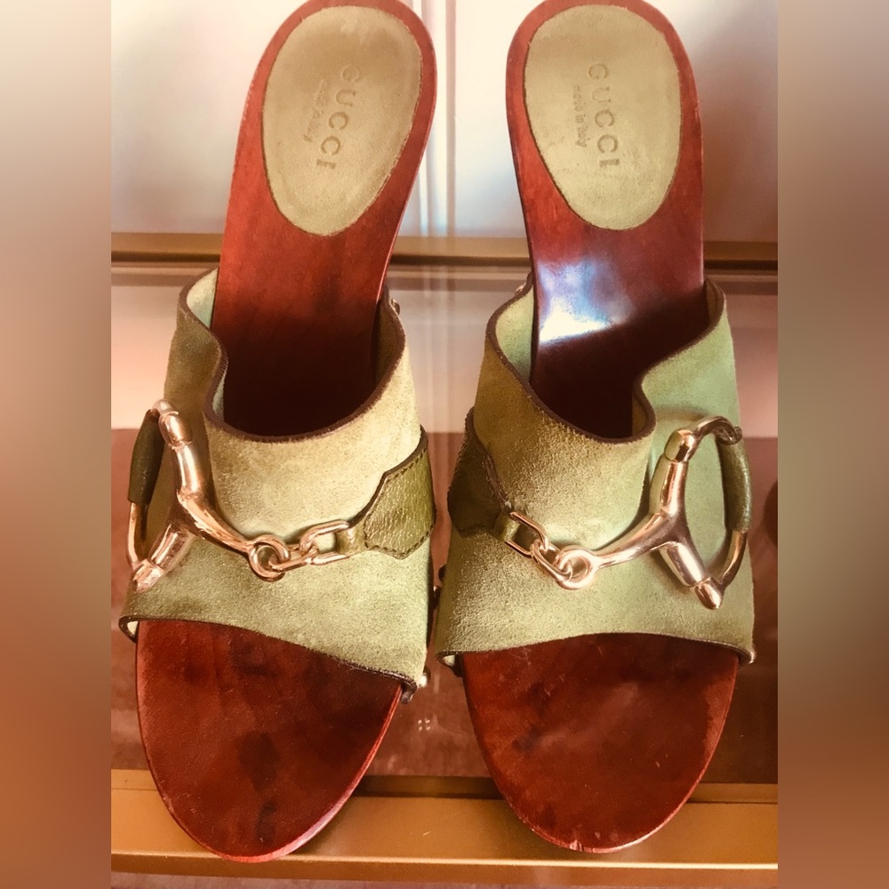 Authentic Gucci Hasler Horsebit Accent Suede Green Mules 6.5